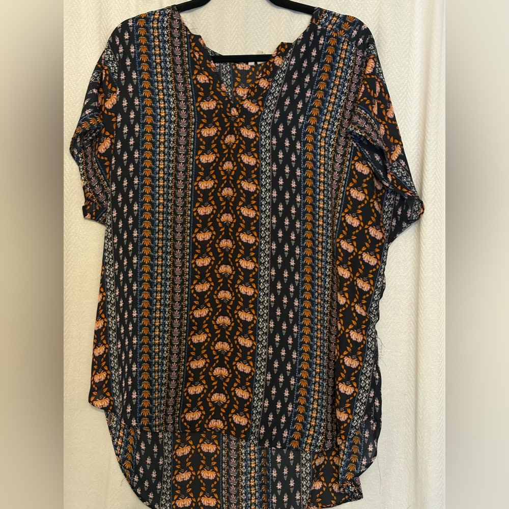 Navy and Orange Patterned Women's Top